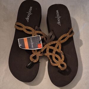west loop Black Sandal Thong with Gold Beaded Twist Straps